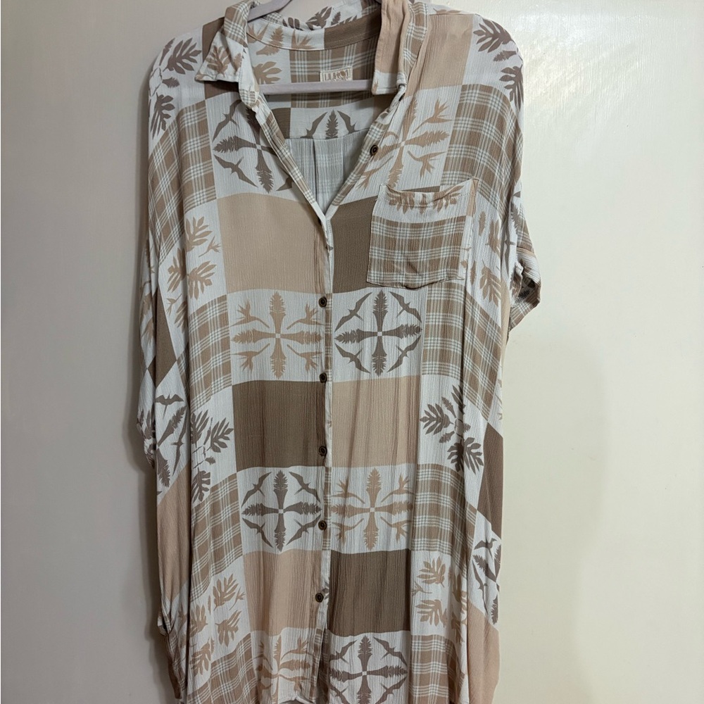 Beige and Brown Plaid Button-Up Shirt Dress